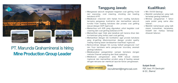 PT Marunda Grahamineral is hiring Asst Pit Geologist and Quality Control